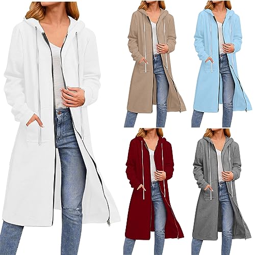 CSKJ Amazon Warehouse Deal - Damen Lange Hoodie Zip Sweatjacke Langarmshirt Kapuzenpullover mit Reißverschluss Sweatshirtjacke Pullover Oberteile Kapuzenpullover mit Tasche, Weiß, M von CSKJ