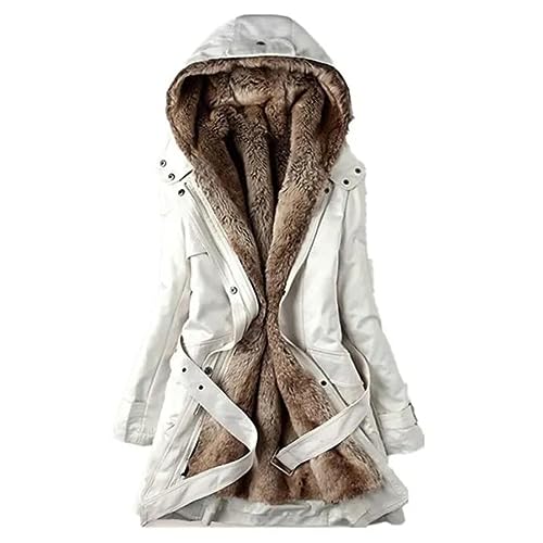 CSKJ Angebote - Mantel Frauen Wintermantel Warme Winter Jacke Lange Mäntel Einfarbig Winterjacke mit Kapuze Gefüttert Teddyfell Dicker Fleecejacke Outdoorjacke Winterparka, weiß, S von CSKJ