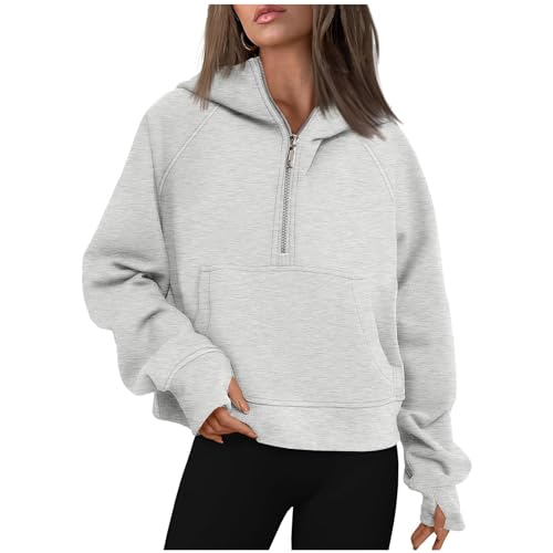 CSKJ Angebote des Tages Heute - Sweatshirt Damen Basic Reißverschluss Pullover Loose Einfarbig Fleece Oberteile für Herbst Winter Pulli Warme Oberteile mit Kapuze Taschen, grau, M von CSKJ