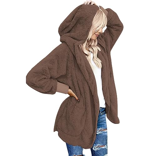 CSKJ Black Friday Angebote 2023 - Damen Mantel Plüschjacke Hoodie Jacke Oversize Wintermantel Kurzmantel Warm Cardigan Kapuzenjacke Winterjacke mit Taschen, Kaffee, XXL von CSKJ