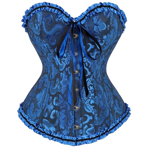 CSKJ Blaues Korsett - Damen Schnürkorsett Top Übergröße Satin Floral Boned Overbust Bustier Lingerie von CSKJ