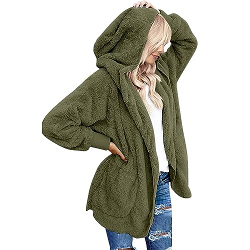 CSKJ Bluse Damen - Damen Mantel Plüschjacke Hoodie Jacke Oversize Wintermantel Kurzmantel Warm Cardigan Kapuzenjacke Winterjacke mit Taschen, Armeegrün, 3XL von CSKJ