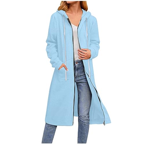 CSKJ Bluse Damen Elegant - Damen Lange Hoodie Zip Sweatjacke Langarmshirt Kapuzenpullover mit Reißverschluss Sweatshirtjacke Pullover Oberteile Kapuzenpullover mit Tasche, Himmelblau, M von CSKJ