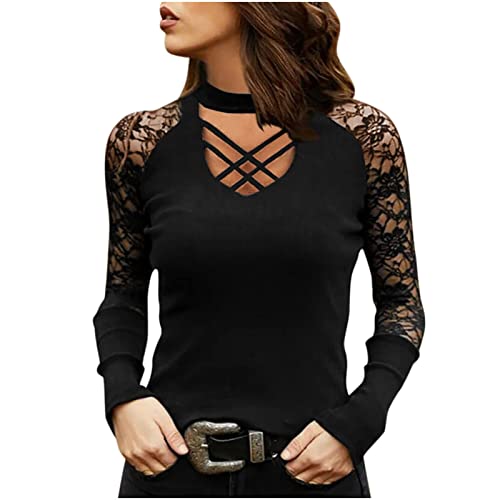 CSKJ Bluse Damen Elegant Lässig Spitzen Oberteile Frauen Glitzer Top Langarmshirt Sexy Spitzenbluse Patchwork Frau Sweatshirt Slim Tshirt Mädchen Kurzarm/Langarm Angebote, Schwarz, Large von CSKJ