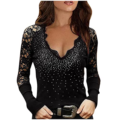 CSKJ Bluse Damen Elegant Lässig Spitzen Oberteile Frauen Glitzer Top Langarmshirt Sexy Spitzenbluse Patchwork Frau Sweatshirt Slim Tshirt Mädchen Kurzarm/Langarm Karneval Angebote, Schwarz, Large von CSKJ