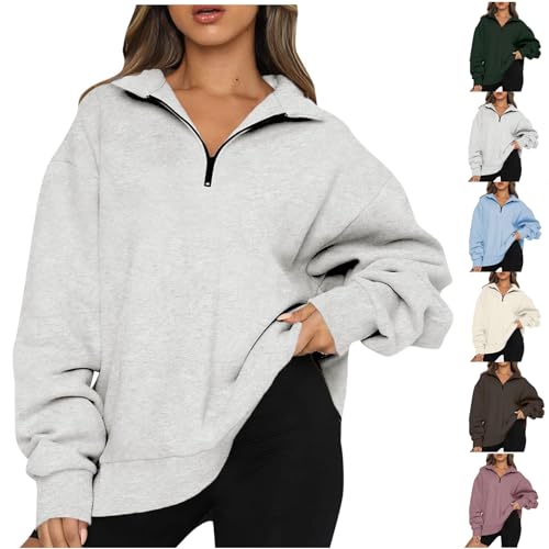 CSKJ Bluse - Sweatshirt Damen Basic Reißverschluss Pullover Loose Einfarbig Fleece Oberteile für Herbst Winter Kapuzenjacke Übergangsjacke Outdoorjacke, grau, S von CSKJ