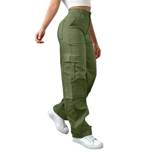 CSKJ Cargohose Damen Leichter Trekkinghose Wanderhose Lässig Einfarbig Arbeitshose Elastische Taille Freizeithose High Waist Baggy Pants Reißverschluss Outdoorhose mit Taschen Sport Jogginghose von CSKJ