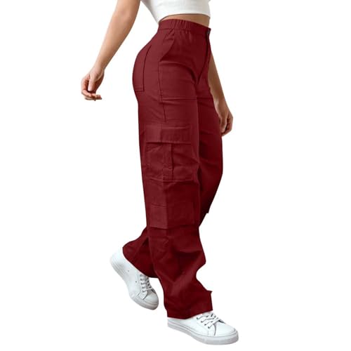 CSKJ Cargohose Damen Leichter Trekkinghose Wanderhose Lässig Einfarbig Arbeitshose Elastische Taille Freizeithose High Waist Baggy Pants Reißverschluss Outdoorhose mit Taschen Sport Jogginghose von CSKJ