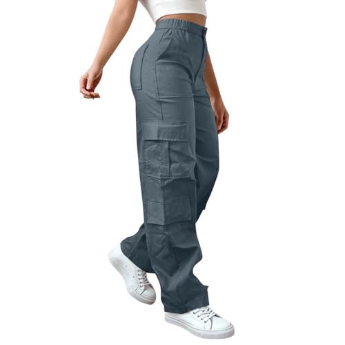 CSKJ Cargohose Damen Leichter Trekkinghose Wanderhose Lässig Einfarbig Arbeitshose Elastische Taille Freizeithose High Waist Baggy Pants Reißverschluss Outdoorhose mit Taschen Sport Jogginghose von CSKJ