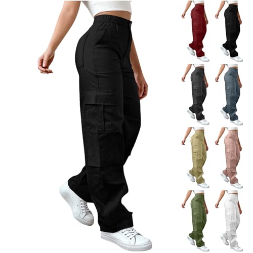 CSKJ Cargohose Damen Leichter Trekkinghose Wanderhose Lässig Einfarbig Arbeitshose Elastische Taille Freizeithose High Waist Baggy Pants Reißverschluss Outdoorhose mit Taschen Sport Jogginghose von CSKJ