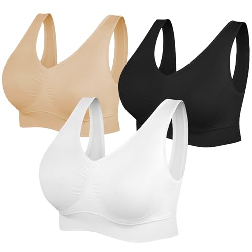 CSKJ Damen 3er Set Sport BH Einfarbig Ohne Bügel Bustier Klassische Bequem Stretch Bra Mittle Halt Gepolstert Wohlfühl-BH von CSKJ