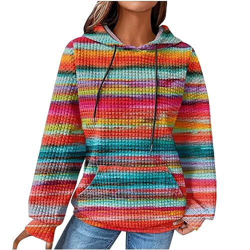 CSKJ Damen Baumwolle Hoodie Causal Langarm Kapuzenpullover Herbst Winter Warm Pullover Vintage Bunte Print Sweatshirt mit Kapuze Pulli Oberteile Waffel Kapuzenpulli mit Taschen Outwear von CSKJ