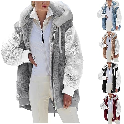 CSKJ Damen Bluse Elegant - Damen Fleecejacke Winterjacke Teddy Fleece Mantel Warm Gefüttert Winter Kapuzenpullover Hoodie Jacken Flauschig Plüschjacke Sweatshirt Oversize Softshelljacke, Grau, 5XL von CSKJ