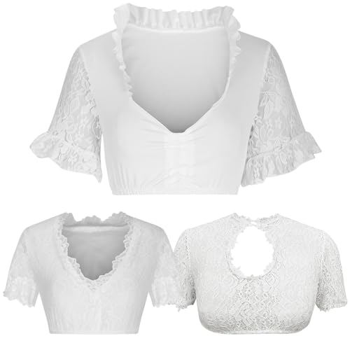 CSKJ Damen Dirndlbluse Spitze Dirndl Bluse Trachtenbluse weiß Kurzarm Trachten Trachtenbluse für Oktoberfest blusen Weiss Trachten Spitzenbluse V Ausschnitt trachtenblusen sexy Stehkragen Tops von CSKJ