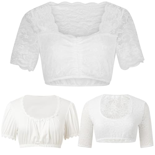 CSKJ Damen Dirndlbluse Spitze Weiß Dirndl Bluse Halbarm Oktoberfest Trachtenbluse Traditionelle Kleidung Trachten Bluse mit Knopf von CSKJ