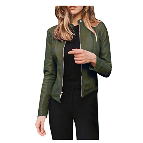 CSKJ Damen Jacke Winter - Lederjacke Damen Kurz Jacke Übergangsjacke aus Kunstleder mit Reißverschluss für Herbst Winter Frühling, Armeegrün, M von CSKJ