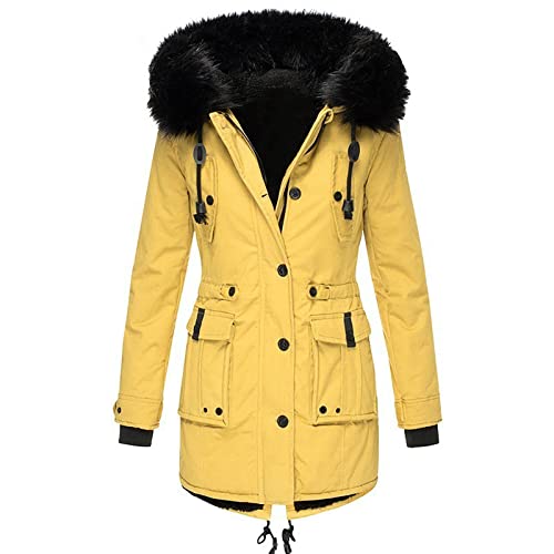 CSKJ Damen Parka Damen Winter Jacke mit Kapuze Verdicken Gefüttert Warm Jacke Parka Mantel Puffer mit ReißVerschlüSse Und Knöpfe, Gelb, L von CSKJ