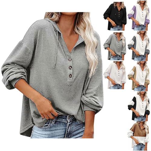 CSKJ Damen Pullover - Kapuzenpullover Damen Hoodie Langarm V-Ausschnitt Pullover Knopfleiste Henley Sweatshirt mit Kapuze Oberteil Pulli Bluse Parka Sweater Pulloverkleid Kuschelpullover, Grau, 3XL von CSKJ