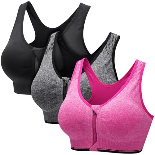 CSKJ Damen Sport BH Reißverschluss Vorne, Gepolstert Push Up BHS Starker Halt Sports Bra Top für Gym Fitness Yoga Running von CSKJ