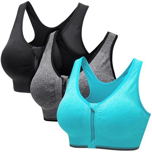 CSKJ Damen Sport BH Reißverschluss Vorne Push up BH Ohne Bügel BH Große Brüste Starker Halt Klassische BHS Set Gepolstert Unterwäsche Frauen Minimizer BH für Fitness Lauf Joggen Yoga Sports Bra von CSKJ