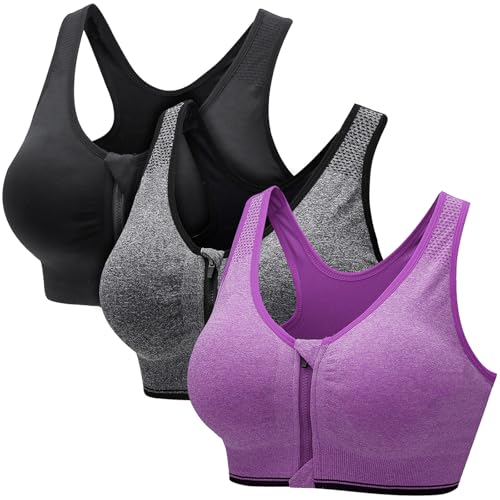 CSKJ Damen Sport BH Reißverschluss Vorne Push up BH Ohne Bügel BH Große Brüste Starker Halt Klassische BHS Set Gepolstert Unterwäsche Frauen Minimizer BH für Fitness Lauf Joggen Yoga Sports Bra von CSKJ