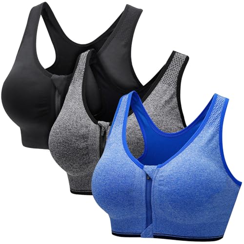 CSKJ Damen Sport BH Reißverschluss Vorne Push up BH Ohne Bügel BH Große Brüste Starker Halt Klassische BHS Set Gepolstert Unterwäsche Frauen Minimizer BH für Fitness Lauf Joggen Yoga Sports Bra von CSKJ
