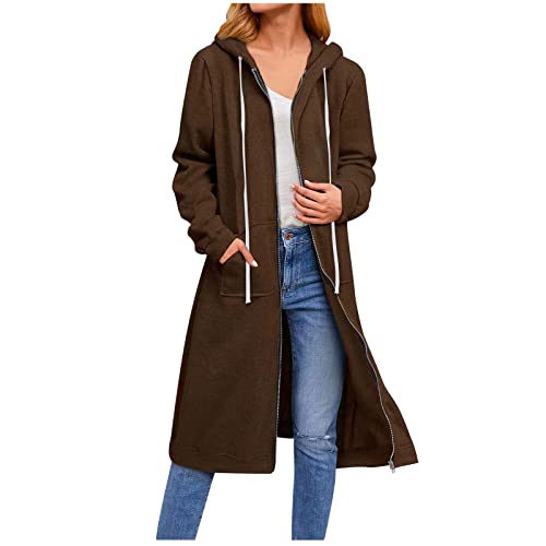 CSKJ Damen Winterjacke Sale - Damen Lange Hoodie Zip Sweatjacke Langarmshirt Kapuzenpullover mit Reißverschluss Sweatshirtjacke Pullover Oberteile Kapuzenpullover mit Tasche, Kaffee, XXL von CSKJ