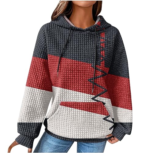 CSKJ Decken Hoodie Kapuzenpullover Damen Vintage Waffel Pullover mit Kapuze Sweatshirt Casual Langarm Hoodie Langarmshirt Baumwolle Sport Kapuzenpulli Herbst Winter Warm Outwear von CSKJ