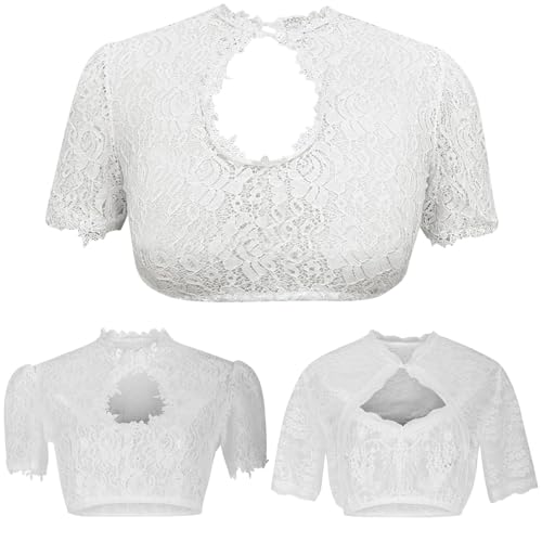 CSKJ Dirndl Bluse Damen Weiß Kurzarm Trachten Trachtenbluse Flügelärmel Dirndlbluse Hochgeschlossen Oktoberfest Kostüm Elegante Spitzenbluse Spitze Dirndlblusen Tracht Bluse Damen von CSKJ