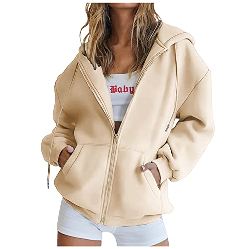 CSKJ Dirndl Damen - Damen Kapuzenjacke Kapuzenpullover Vintage Oversize Sweatjacke Sweatshirt College Jacke Übergangsjacke Zip Hoodie Hoody mit Kapuze, Beige, L von CSKJ