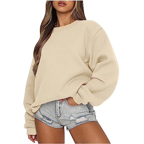 CSKJ Discounter - Damen Pullover Langarm Grosse Grössen Hip Hop Tops Rundhals Sweatshirt Ohne Kapuze Teenager Mädchen Vintage Langarmshirt Oberteile Y2k Top Winter Herbst Streetwear Pulli, Beige, XL von CSKJ