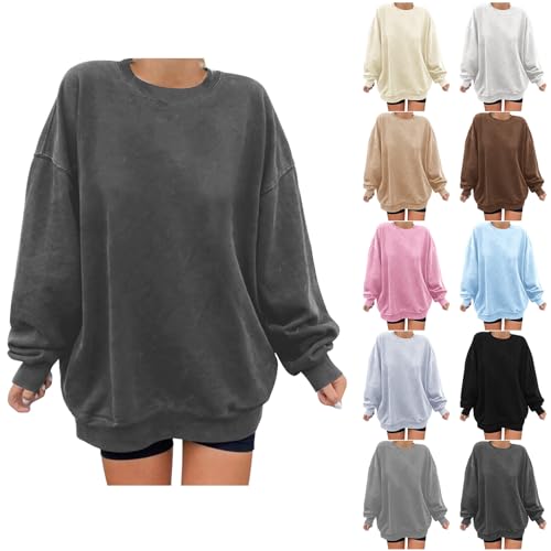 CSKJ Einkaufskorb Sweatshirt Damen Pullover Oversized Langarmshirt Rundhals Basic Loose Tops Ohne Kapuze Teenager Mädchen Vintage Oberteile Shirts, Dunkelgrau, XL von CSKJ