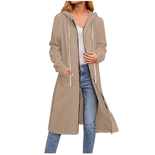 CSKJ Einkaufstrolley - Damen Lange Hoodie Zip Sweatjacke Langarmshirt Kapuzenpullover mit Reißverschluss Sweatshirtjacke Pullover Oberteile Kapuzenpullover mit Tasche, Khaki, XXL von CSKJ