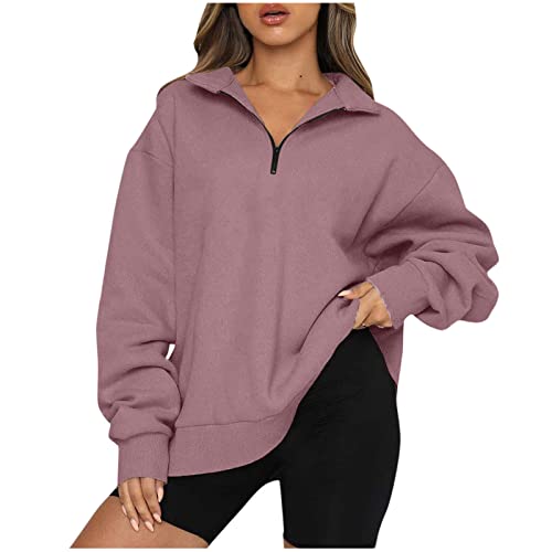 CSKJ Essentials Hoodie - Sweatshirt Damen Basic Reißverschluss Pullover Loose Einfarbig Fleece Oberteile für Herbst Winter Kapuzenjacke Übergangsjacke Outdoorjacke, rosa, XXL von CSKJ