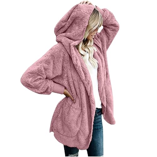 CSKJ Festival Outfit Damen Damen Mantel Plüschjacke Hoodie Jacke Oversize Wintermantel Kurzmantel Warm Cardigan Kapuzenjacke Winterjacke mit Taschen, Rosa, XL von CSKJ