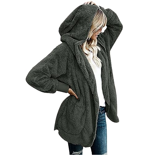 CSKJ Geschenkgutschein Amazon - Damen Mantel Plüschjacke Hoodie Jacke Oversize Wintermantel Kurzmantel Warm Cardigan Kapuzenjacke Winterjacke mit Taschen S-5XL, Armeegrün, M von CSKJ