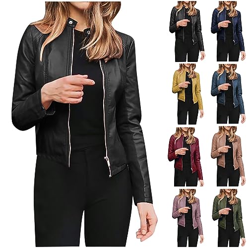 CSKJ Gutschein Amazon - Lederjacke Damen Kurz Jacke Übergangsjacke aus Kunstleder mit Reißverschluss für Herbst Winter Frühling, Schwarz, S von CSKJ