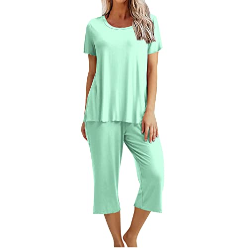 CSKJ Gutschein Amazon Zum Ausdrucken Schlafanzüge Damen Loungewäsche Kurz Nachtwäsche Pyjama Set Top Schlafanzug mit 3/4 Lang Schlafhose Zweiteiliger Pjs Sets Sleepwear Schlafanzughosen, mintgrün, XL von CSKJ