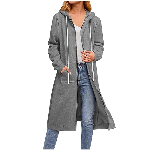 CSKJ Gutschein - Damen Lange Hoodie Zip Sweatjacke Langarmshirt Kapuzenpullover mit Reißverschluss Sweatshirtjacke Pullover Oberteile Kapuzenpullover mit Tasche, Dunkelgrau, L von CSKJ