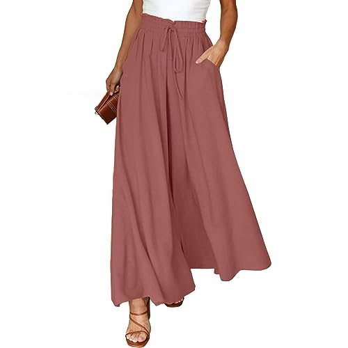 CSKJ Haremshosen Damen Sommer - Sommerhose Damen Leicht Lässige Palazzo Hose High Waist Einfarbig Freizeithose Baumwolle Leinen Hosen mit Taschen Kordelzug Baggy Elastisch Stoffhose, Rosa, XXL von CSKJ