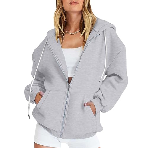 CSKJ Hoodie - Hoody Damen mit Kapuze Kapuzenjacke Kapuzenpullover Vintage Oversize Sweatjacke Sweatshirt College Jacke Übergangsjacke Zip Hoodie mit Kapuze, Grau, M von CSKJ