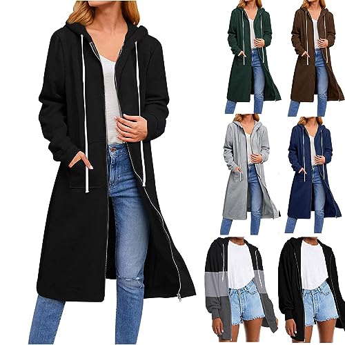 CSKJ Hoodies für Damen - Damen Lange Hoodie Zip Sweatjacke Langarmshirt Kapuzenpullover mit Reißverschluss Sweatshirtjacke Pullover Oberteile Kapuzenpullover mit Tasche, Schwarz, L von CSKJ