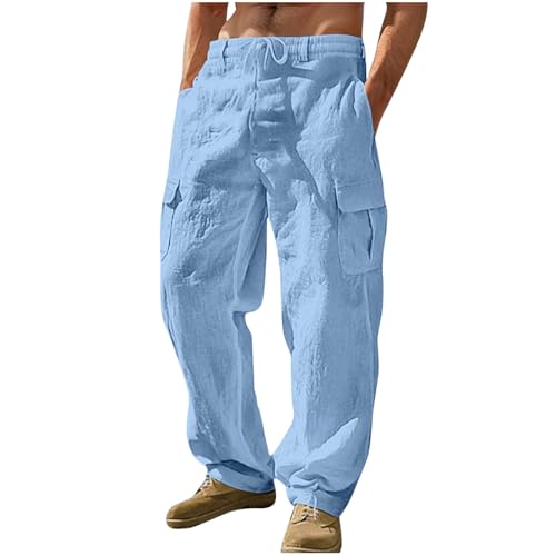 CSKJ Jogginghose Herren Herbst und Winter Baumwolle Leinenhose Einfarbige Lang Leicht Sporthose Straight Leg Leinen Hose mit Taschen Bequeme Atmungsaktive Freizeithose Kordelzug Weite Bein Cargohose von CSKJ