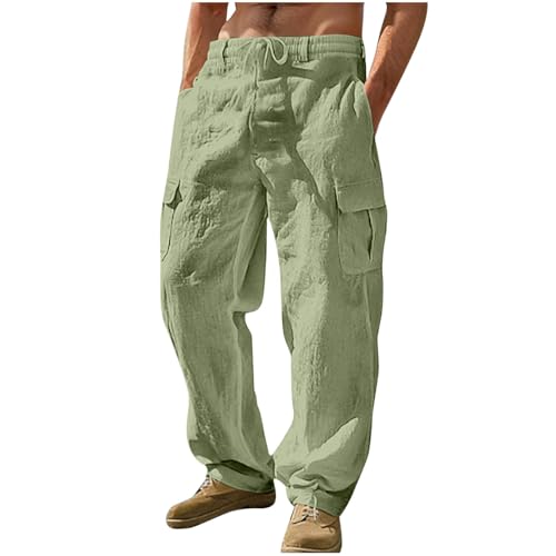 CSKJ Jogginghose Herren Herbst und Winter Baumwolle Leinenhose Einfarbige Lang Leicht Sporthose Straight Leg Leinen Hose mit Taschen Bequeme Atmungsaktive Freizeithose Kordelzug Weite Bein Cargohose von CSKJ