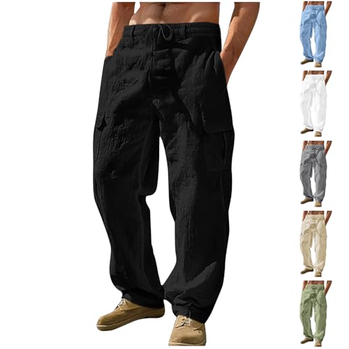 CSKJ Jogginghose Herren Herbst und Winter Baumwolle Leinenhose Einfarbige Lang Leicht Sporthose Straight Leg Leinen Hose mit Taschen Bequeme Atmungsaktive Freizeithose Kordelzug Weite Bein Cargohose von CSKJ