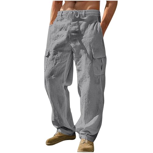 CSKJ Jogginghose Herren Herbst und Winter Baumwolle Leinenhose Einfarbige Lang Leicht Sporthose Straight Leg Leinen Hose mit Taschen Bequeme Atmungsaktive Freizeithose Kordelzug Weite Bein Cargohose von CSKJ