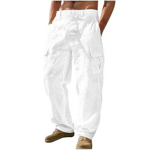 CSKJ Jogginghose Herren Herbst und Winter Baumwolle Leinenhose Einfarbige Lang Leicht Sporthose Straight Leg Leinen Hose mit Taschen Bequeme Atmungsaktive Freizeithose Kordelzug Weite Bein Cargohose von CSKJ