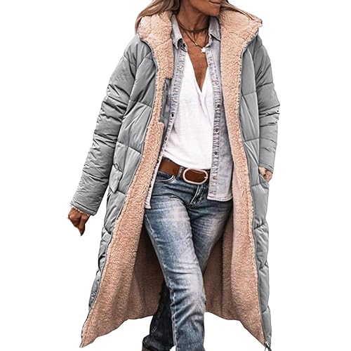 CSKJ Kapuzenjacke Damen Damen Warm Wintermäntel Reversibel Sherpa Fleece Lang Pufferjacken mit Kapuze Frauen Oberbekleidung Outdoorjacke Steppjacke Steppmantel, Grau, XL von CSKJ