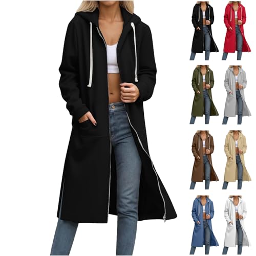 CSKJ Kapuzenjacke Damen Lang Elegant Kapuzenpullover Oversized Sweatjacke Reißverschluss Hoodie Jacke Langarm Herbst Winter Übergangsjacke Warm Fleecejacke Damenjacken Sweatshirt mit Kapuze von CSKJ