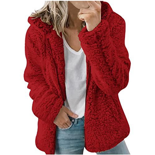 CSKJ Kapuzenpullover Für Damen - Damen Mantel Kapuzenjacke Winterjacke Mode Warm Hoodie Pullover Jacken Reißverschluss Plüschjacke Fleecejacke Oberteile, Rot, XL von CSKJ